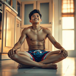 19-year-old Indonesian boy with an athletic build, wearing swimming trunks, sitting on the floor with his legs spread while leaning against the kitchen cupboard