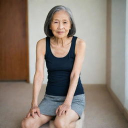 An elderly Asian woman, who is slim. She is wearing a tank top and a mini skirt, and she's sitting comfortably