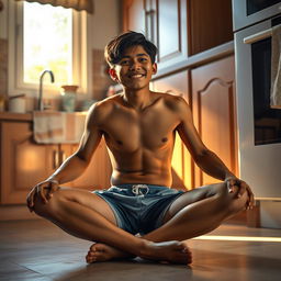 19-year-old Indonesian boy with an athletic build, wearing swimming trunks, sitting on the floor with his legs spread while leaning against the kitchen cupboard