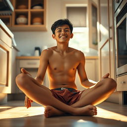 19-year-old Indonesian boy with an athletic build, wearing swimming trunks, sitting on the floor with his legs spread while leaning against the kitchen cupboard