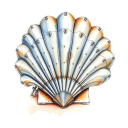 A magnificently detailed scallop shell crafted from mechanized steel, portrayed in a watercolor illustration over a blank canvas