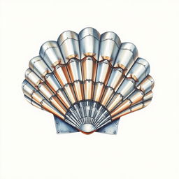 A magnificently detailed scallop shell crafted from mechanized steel, portrayed in a watercolor illustration over a blank canvas