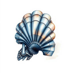 A magnificently detailed scallop shell crafted from mechanized steel, portrayed in a watercolor illustration over a blank canvas