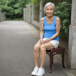 An elderly Asian woman, who is slim. She is wearing a tank top and a mini skirt, and she's sitting comfortably