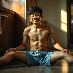 19-year-old Indonesian boy with an athletic build, wearing swimming trunks, sitting on the floor with his legs spread while leaning against the kitchen cupboard