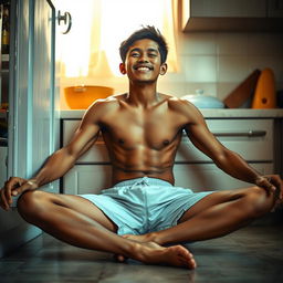 19-year-old Indonesian boy with an athletic build, wearing swimming trunks, sitting on the floor with his legs spread while leaning against the kitchen cupboard