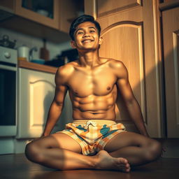 19-year-old Indonesian boy with an athletic build, wearing swimming trunks, sitting on the floor with his legs spread while leaning against the kitchen cupboard