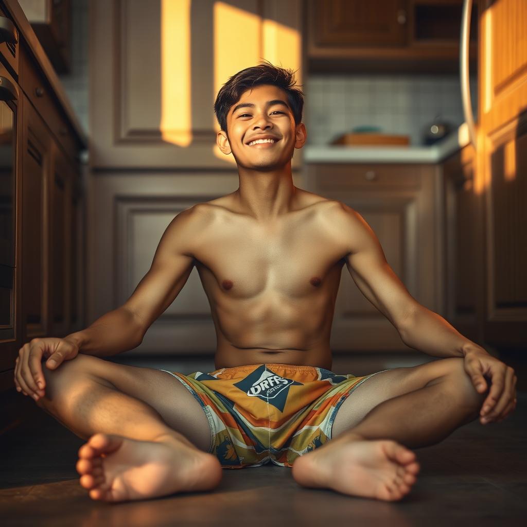 19-year-old Indonesian boy with an athletic build, wearing swimming trunks, sitting on the floor with his legs spread while leaning against the kitchen cupboard