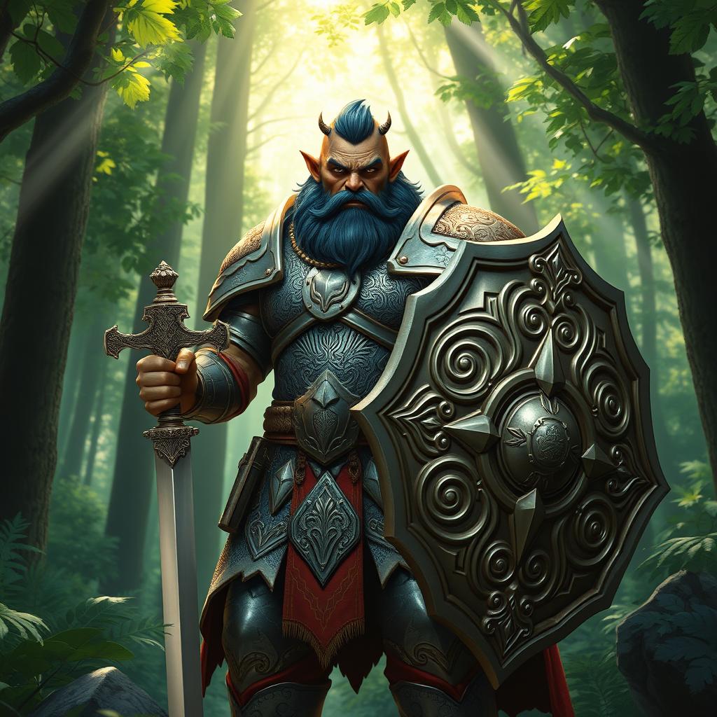 A semi-orc paladin standing proudly in a lush forest, clad in shining armor with intricate patterns depicting nature and harmony