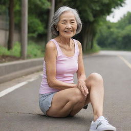 An elderly Asian woman, who is slim. She is wearing a tank top and a mini skirt, and she's sitting comfortably