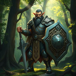 A semi-orc paladin standing proudly in a lush forest, clad in shining armor with intricate patterns depicting nature and harmony