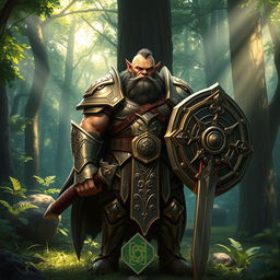 A semi-orc paladin standing proudly in a lush forest, clad in shining armor with intricate patterns depicting nature and harmony