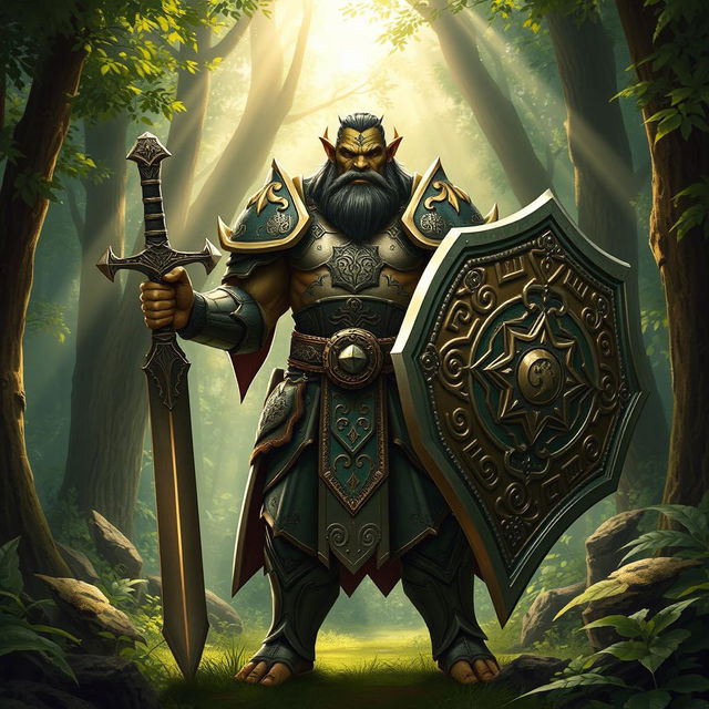 A semi-orc paladin standing proudly in a lush forest, clad in shining armor with intricate patterns depicting nature and harmony