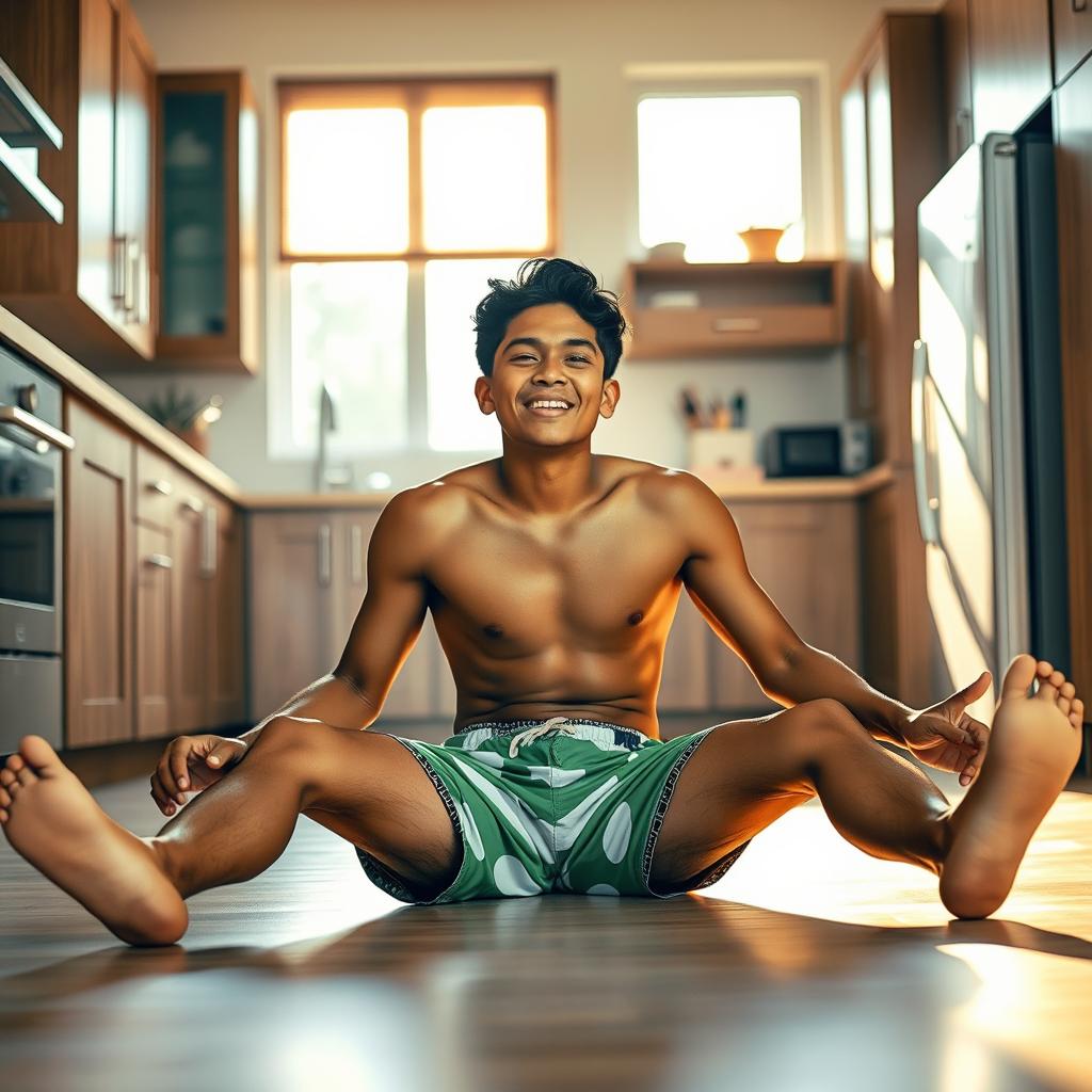 A 19-year-old Indonesian boy with an athletic build is sitting on the floor with his legs spread while leaning against the kitchen cupboard