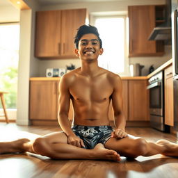 A 19-year-old Indonesian boy with an athletic build is sitting on the floor with his legs spread while leaning against the kitchen cupboard