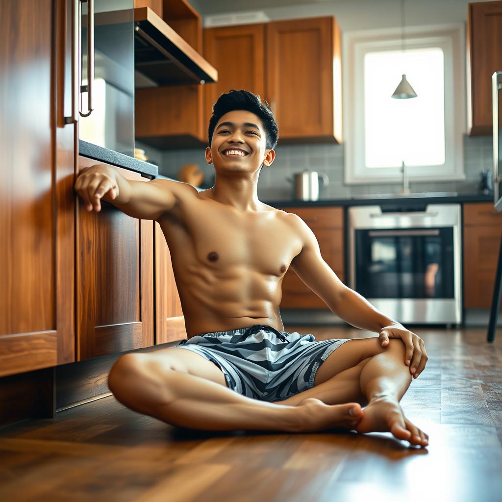 A 19-year-old Indonesian boy with an athletic build is sitting on the floor with his legs spread while leaning against the kitchen cupboard