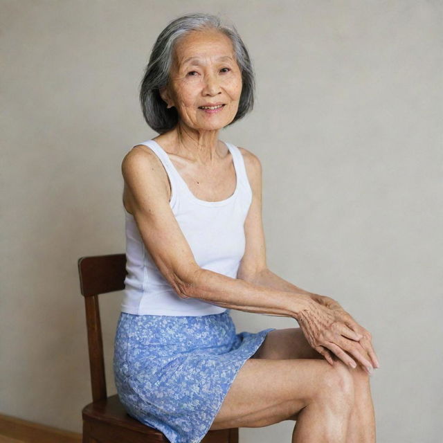 An elderly Asian woman, who is slim. She is wearing a tank top and a mini skirt, and she's sitting comfortably