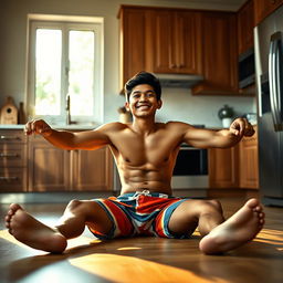 A 19-year-old Indonesian boy with an athletic build is sitting on the floor with his legs spread while leaning against the kitchen cupboard