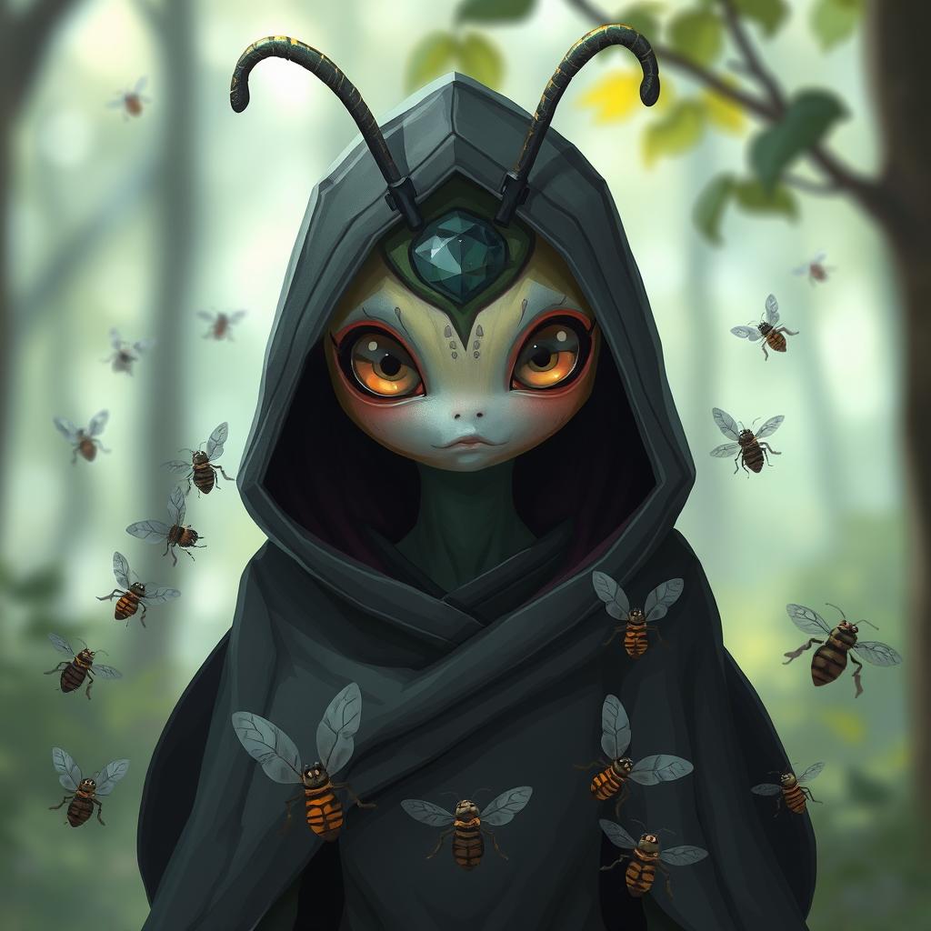 A female thi-kreen stands cloaked and hooded, combining an enigmatic aura with a touch of cuteness