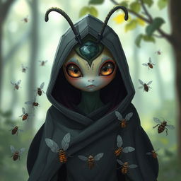 A female thi-kreen stands cloaked and hooded, combining an enigmatic aura with a touch of cuteness