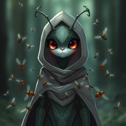 A female thi-kreen stands cloaked and hooded, combining an enigmatic aura with a touch of cuteness