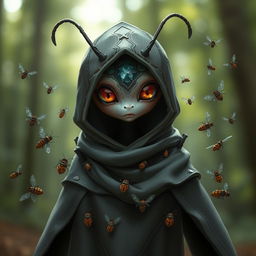 A female thi-kreen stands cloaked and hooded, combining an enigmatic aura with a touch of cuteness