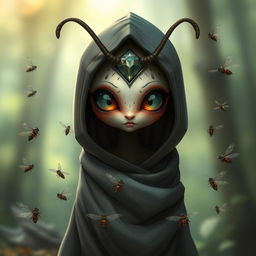 A female thi-kreen stands cloaked and hooded, combining an enigmatic aura with a touch of cuteness