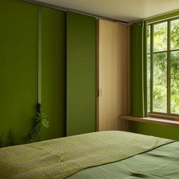 A modern bedroom with a green designer wall, a double bed with a hanging canopy, a wall-attached study table, a window filled with lush greenery, warm yellow lighting, and a wooden sliding wardrobe