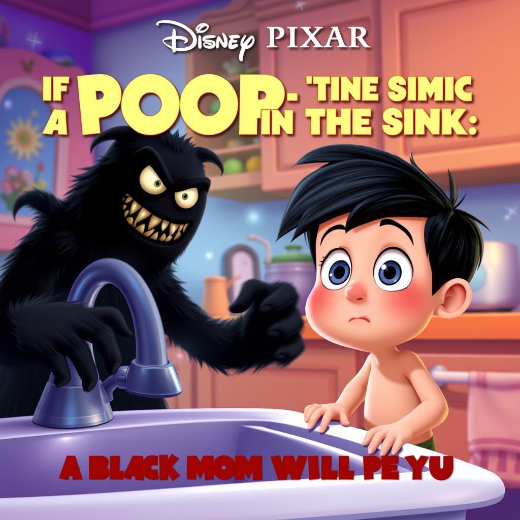 A Disney Pixar movie poster titled "If You Poop Trillion Times in the Sink, a Black Monster Called Mom Will Whip You"