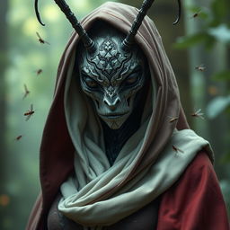 A female thi-kreen stands cloaked and hooded, her insectoid features elegantly complex, exuding an aura of mature mystery and charm