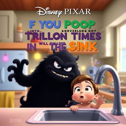 A Disney Pixar movie poster titled "If You Poop Trillion Times in the Sink, a Black Monster Called Mom Will Whip You"