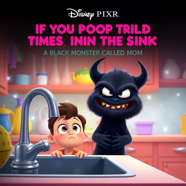 A Disney Pixar movie poster titled "If You Poop Trillion Times in the Sink, a Black Monster Called Mom Will Whip You"