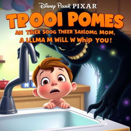 A Disney Pixar movie poster titled "If You Poop Trillion Times in the Sink, a Black Monster Called Mom Will Whip You"