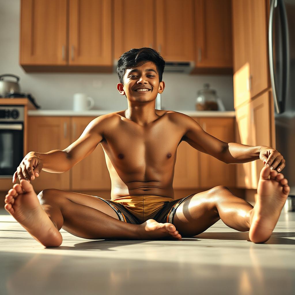 A 19-year-old Indonesian boy with an athletic build, drenched in sweat, is sitting on the floor with his legs stretched straight while leaning against the kitchen cupboard