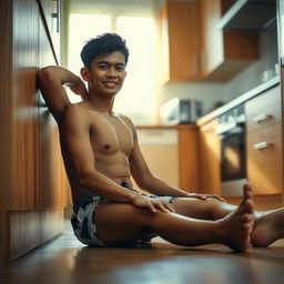 A 19-year-old Indonesian boy with an athletic build, drenched in sweat, is sitting on the floor with his legs stretched straight while leaning against the kitchen cupboard