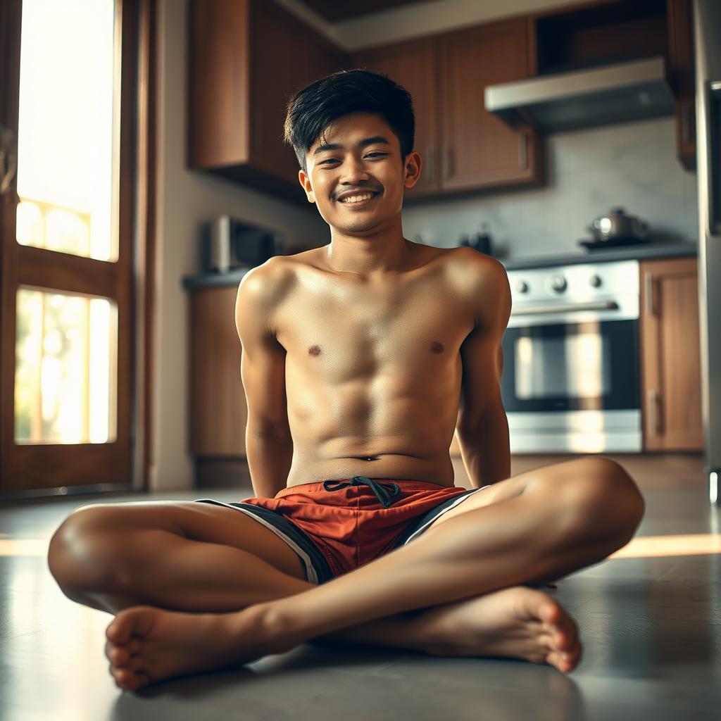 A 19-year-old Indonesian boy with an athletic build, drenched in sweat, is sitting on the floor with his legs stretched straight while leaning against the kitchen cupboard