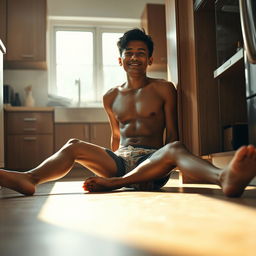 A 19-year-old Indonesian boy with an athletic build, drenched in sweat, is sitting on the floor with his legs stretched straight while leaning against the kitchen cupboard