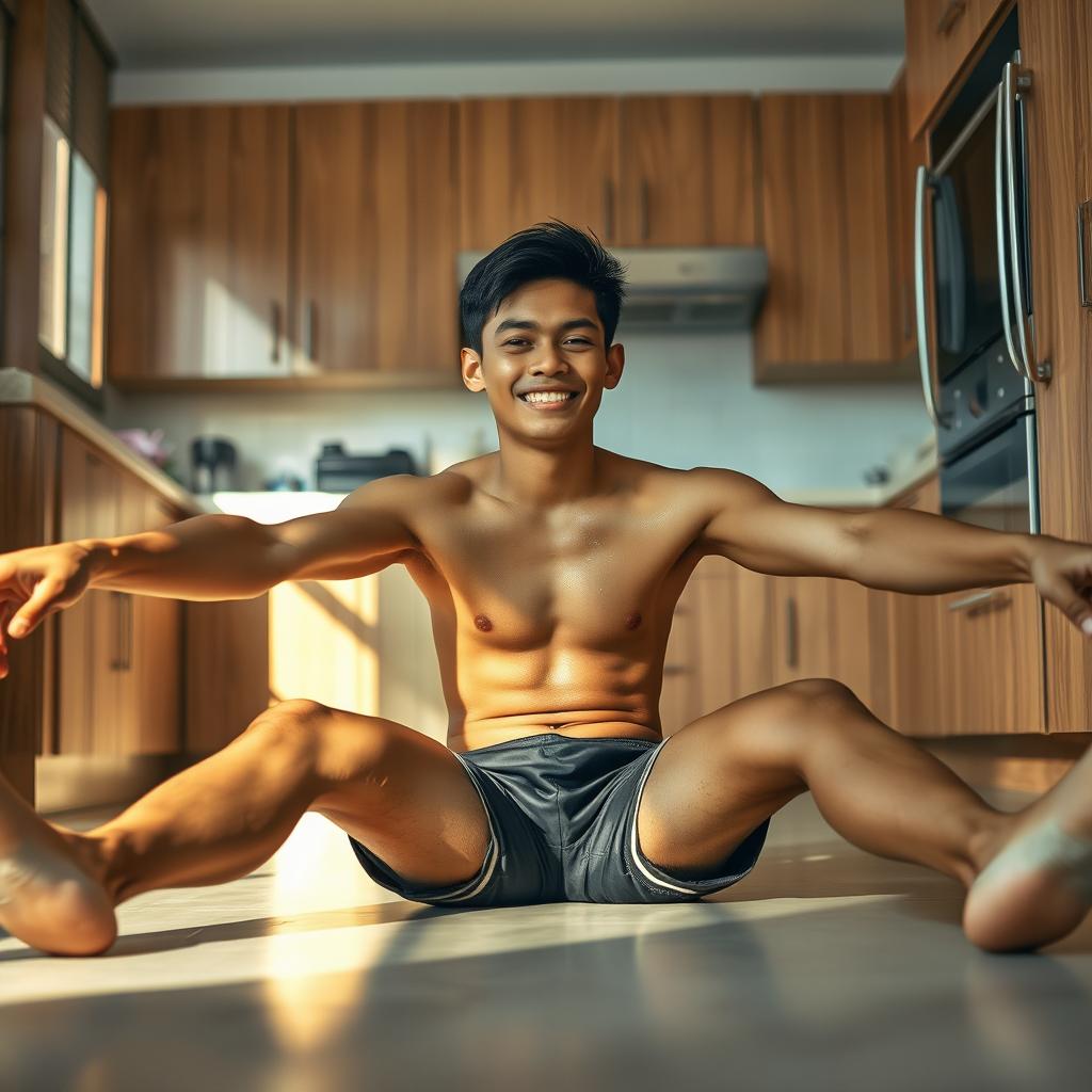 A 19-year-old Indonesian boy with an athletic build, drenched in sweat, is sitting on the floor with his legs stretched straight while leaning against the kitchen cupboard