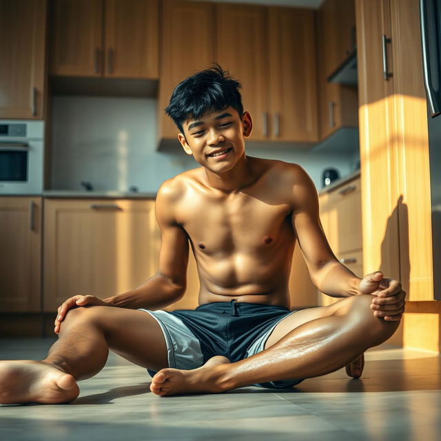 A 19-year-old Indonesian boy with an athletic build, drenched in sweat, is sitting on the floor with his legs stretched straight while leaning against the kitchen cupboard