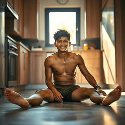 A 19-year-old Indonesian boy with an athletic build, drenched in sweat, is sitting on the floor with his legs stretched straight while leaning against the kitchen cupboard