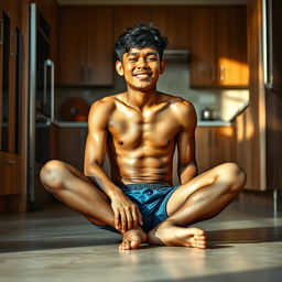 A 19-year-old Indonesian boy with an athletic build, drenched in sweat, is sitting on the floor with his legs stretched straight while leaning against the kitchen cupboard