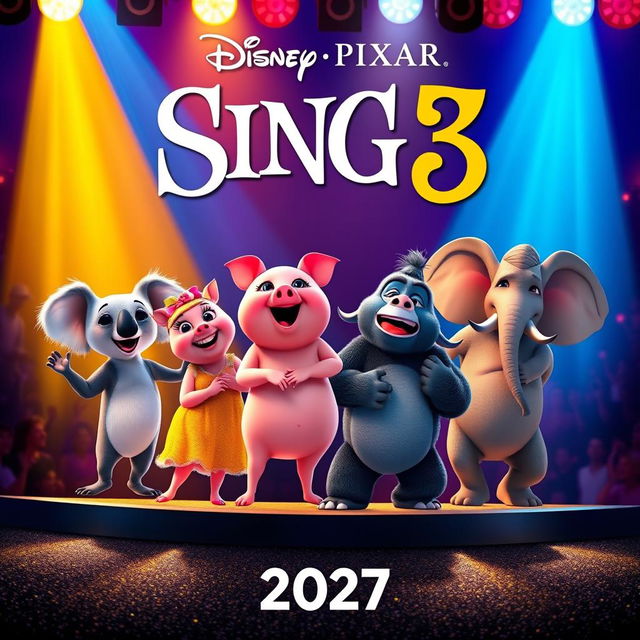 A Disney Pixar movie poster titled "Sing 3", set to release in 2027