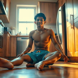 A 19-year-old Indonesian boy with an athletic build, drenched in sweat, is sitting on the floor with his legs stretched straight while leaning against the kitchen cupboard