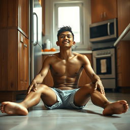 A 19-year-old Indonesian boy with an athletic build, drenched in sweat, is sitting on the floor with his legs stretched straight while leaning against the kitchen cupboard