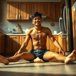 A 19-year-old Indonesian boy with an athletic build, drenched in sweat, is sitting on the floor with his legs stretched straight while leaning against the kitchen cupboard