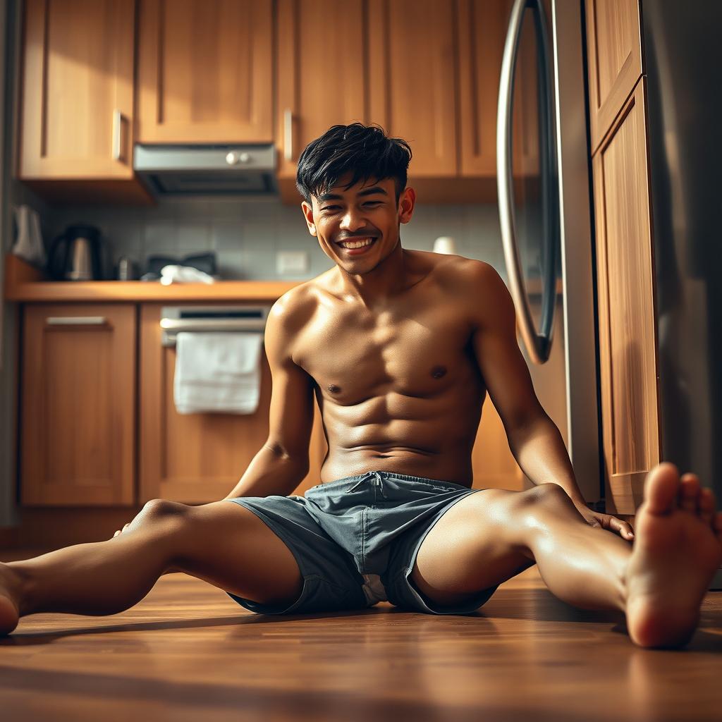 A 19-year-old Indonesian boy with an athletic build, drenched in sweat, is sitting on the floor with his legs stretched straight while leaning against the kitchen cupboard