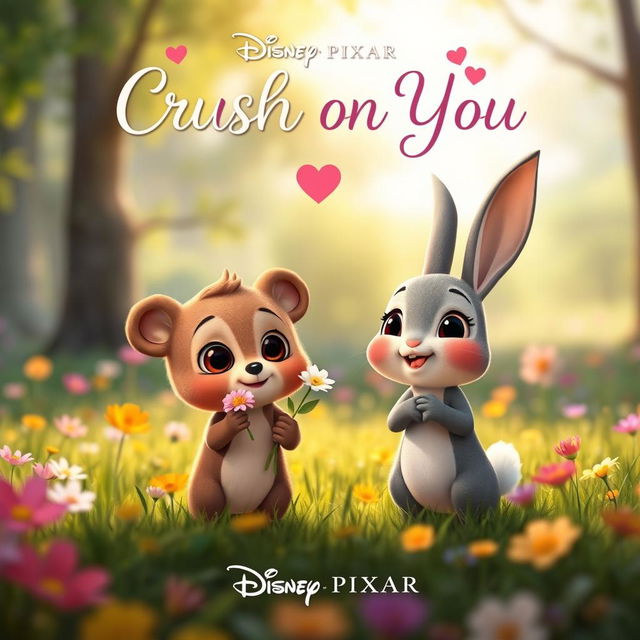 A Disney Pixar movie poster titled "Crush on You", featuring a heartwarming and enchanting animated scene