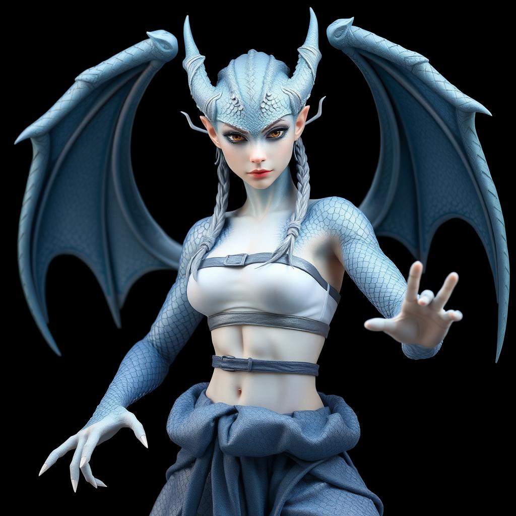 A captivating female half-dragon character with silvery blue scales and a distinctly feminine face