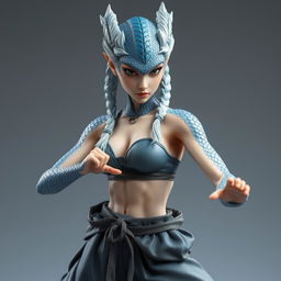 A captivating female half-dragon character with silvery blue scales and a distinctly feminine face