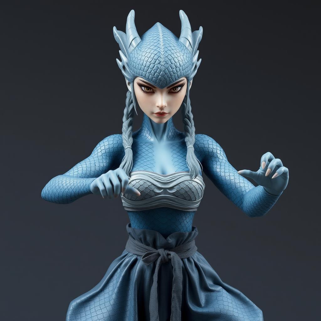 A captivating female half-dragon character with silvery blue scales and a distinctly feminine face